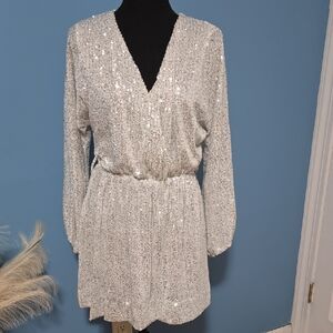 Sequin V-Neck Long Sleeve Mini Dress in Silver